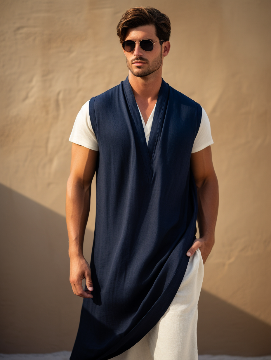 Men's Navy Color V-neck Linen Long Kaftan