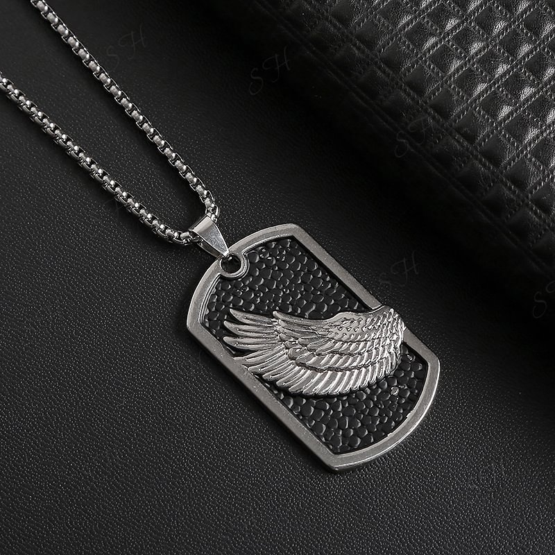 European and American hip hop titanium steel necklace men's personality hipster retro jewelry student simple wings shield pendant pendant