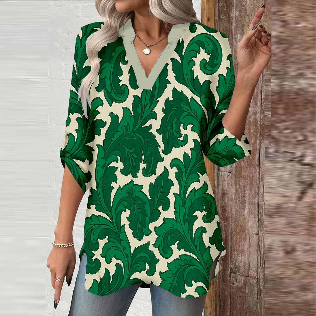 Women Graffiti, Green DZGA0158 3/4 Sleeve V-neck Printed Graphic Button Tops