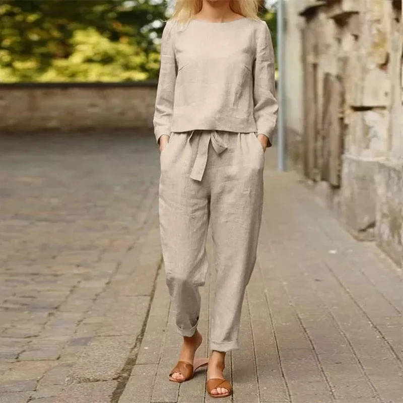 ZANZEA Women Long Sleeve Sets 2PC Autumn Suits Solid Casual Long Cotton Pants O Neck Blouse Loose Harem Trousers Oversize 2022