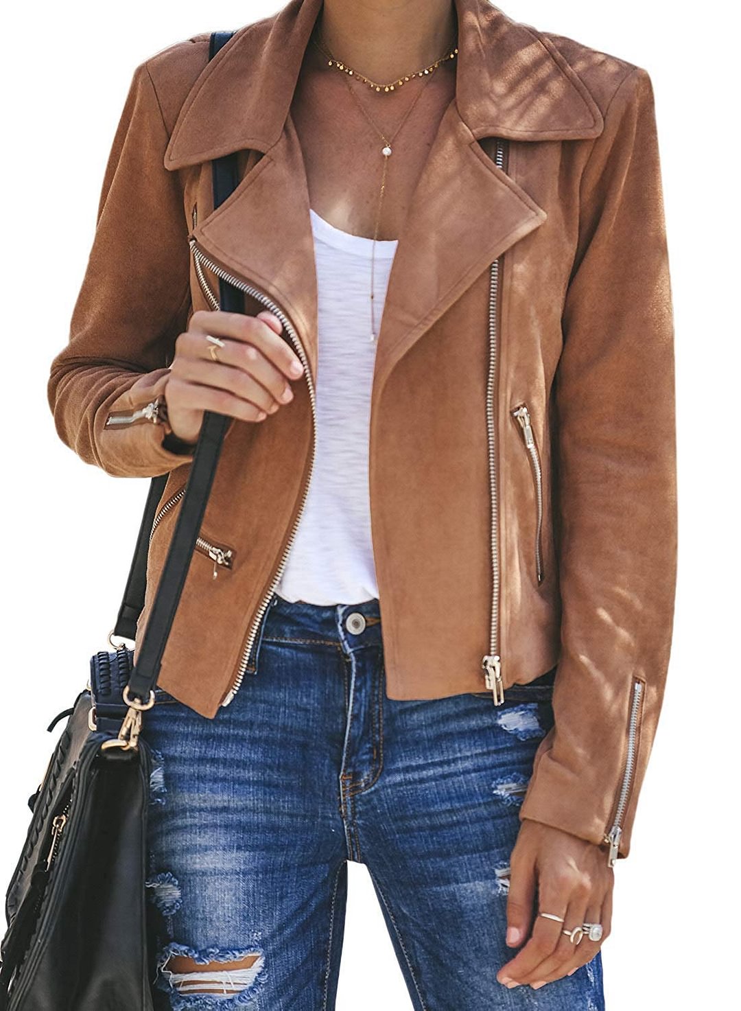 Women's Zipped Notch Collar Moto Biker Jacket Casual Short Coat Outwear
