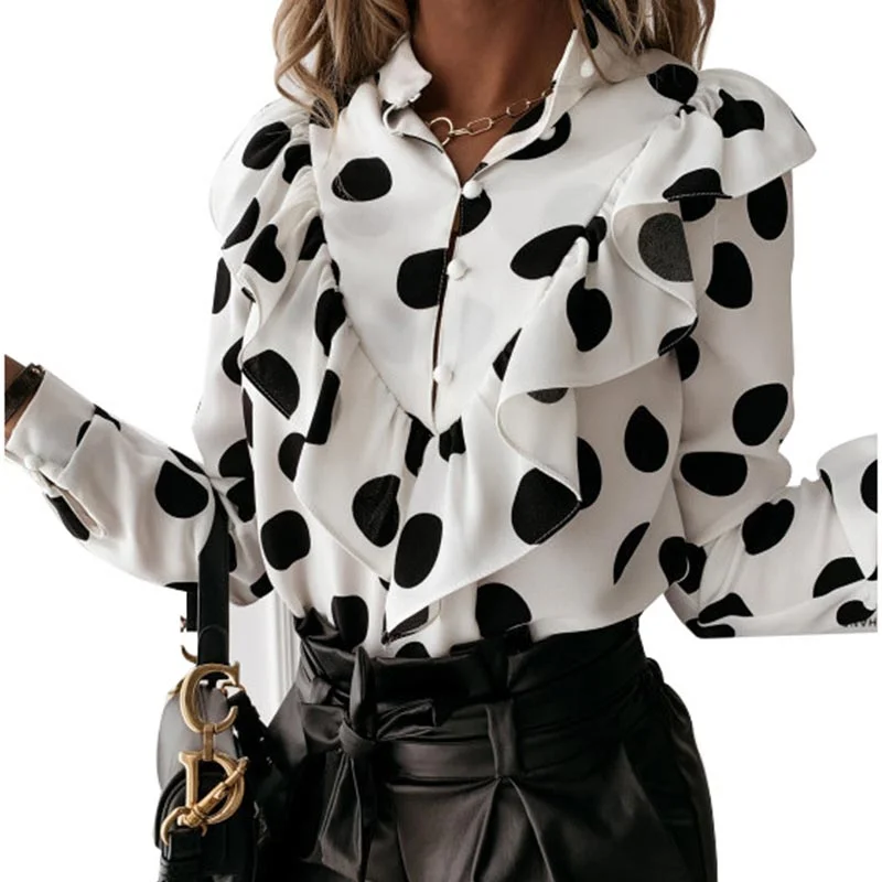 Casual Long Sleeve Ruffles Blouse Office Lady V-Neck Button Tops Women Elegant Leopard Dot Loose Shirt Vintage Harajuku Tunic