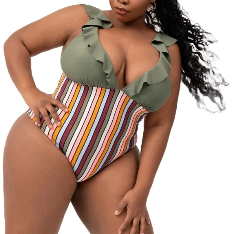 Plus Size Sexy Swimsuit Bikinis Women Shorts Bodysuits Summer Holiday Striped  Bodycon Stretch Swimwears Wholesale Dropshipping