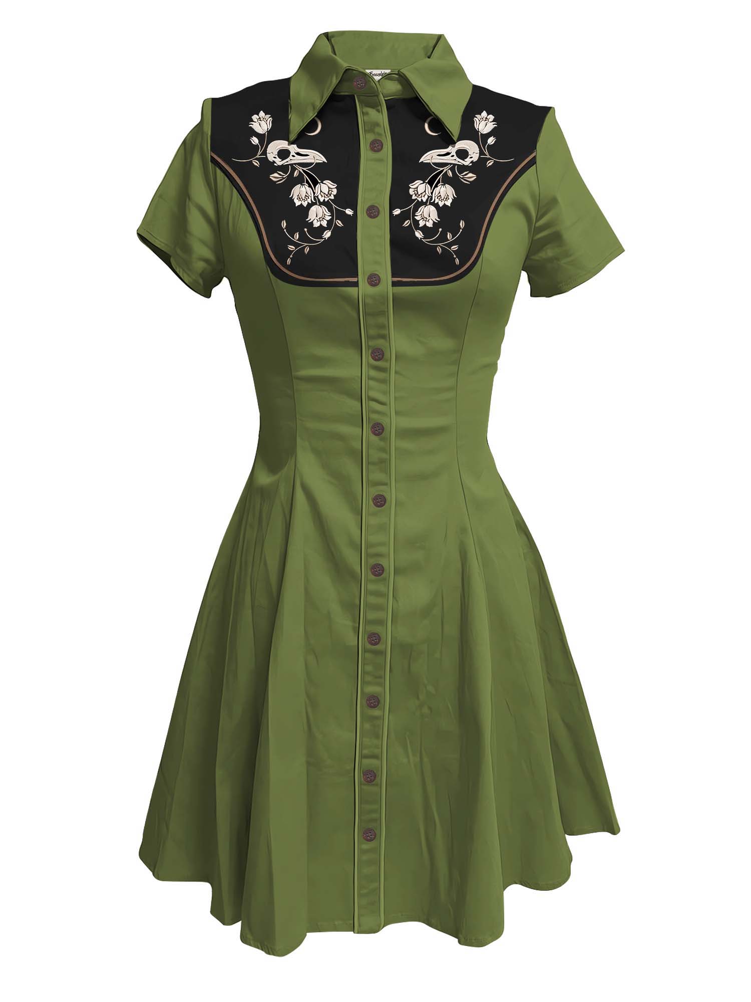 【Embroidery】Skeleton Crow Head And Flower - 100% Cotton Double Pocket Dress