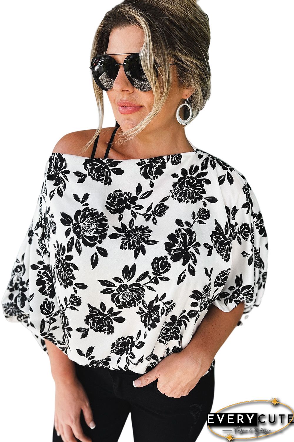 White Opposites Attract Boat Neck Floral Dolman Sleeve Top