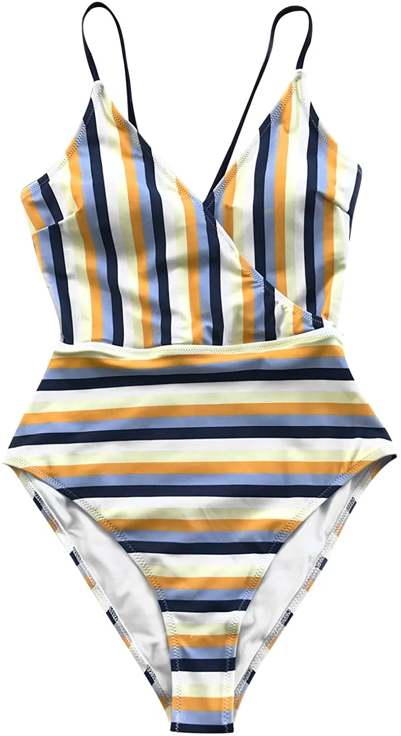 Women's Blue and Yellow Stripe High Leg Cut One-Piece Swimsuit