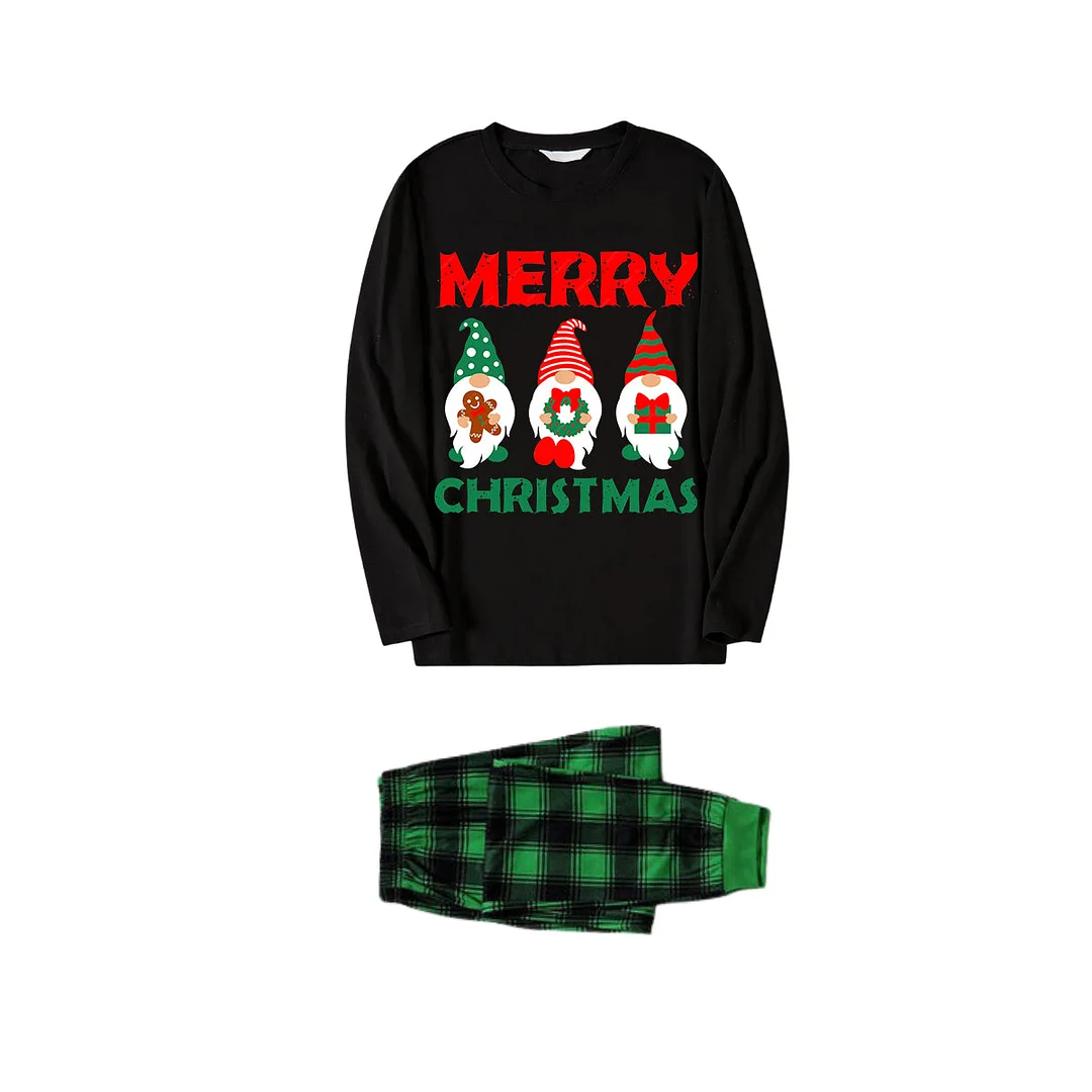 Christmas Elf Pattern Black Long Sleeve Top with Black And Green Plaid Pants Family Matching Pajamas