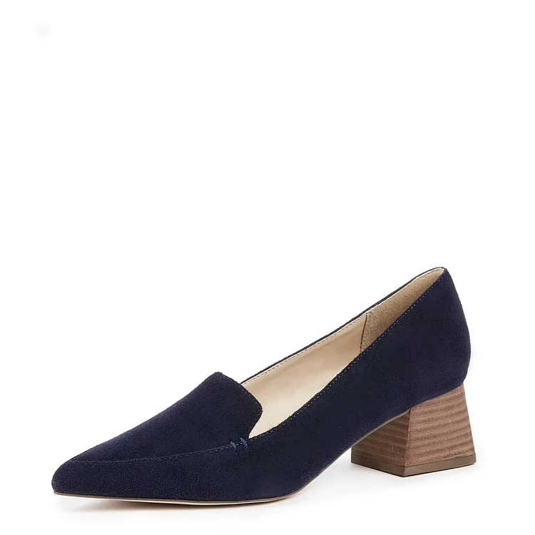 Navy Pointed Toe Vegan Suede Loafers for Women Block Heels Shoes |FSJ Shoes