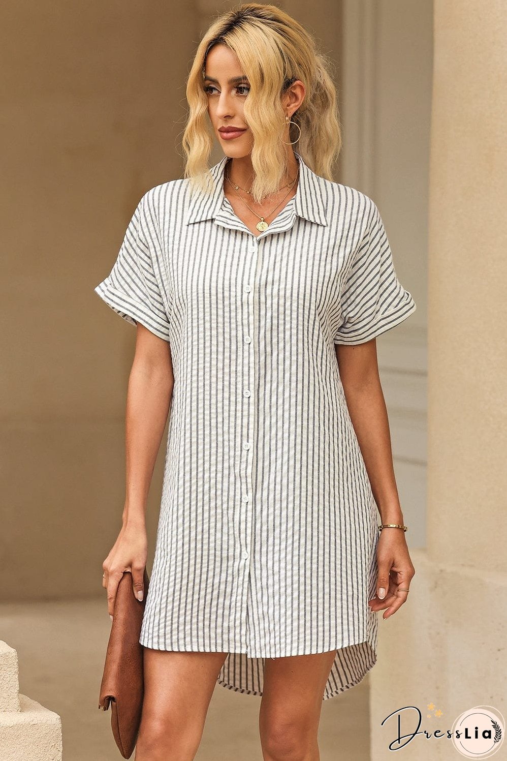 Full Size Striped Short Sleeve Shirt Dress