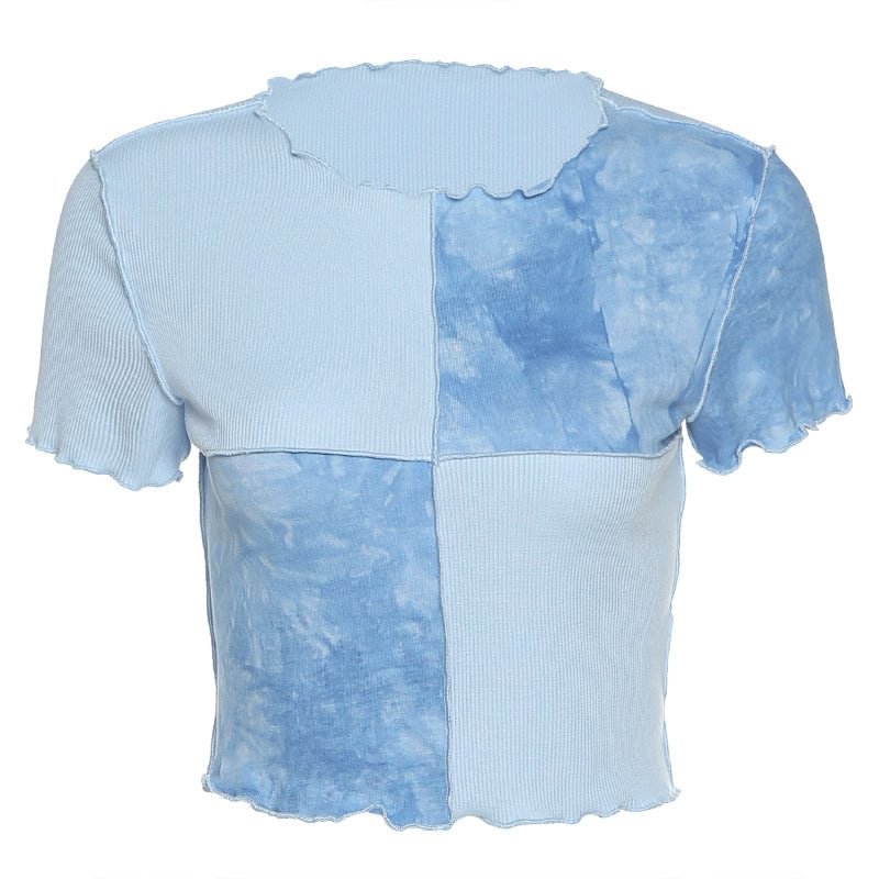 Chic Crop Tops Tees Tie Dye With Sequin Patchwork Women Summer T-shirts Ruffles Hem Purple Or Bule Clothes