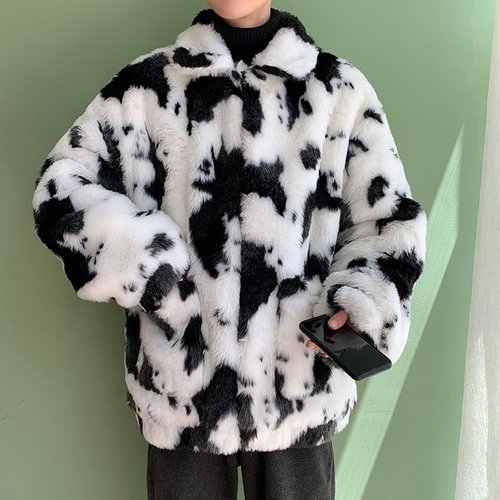 -Mj234-p150 Harajuku Style Cow Pattern Faux Fur Jacket-Usyaboys-Mne and Women's Street Fashion Shop-Christmas