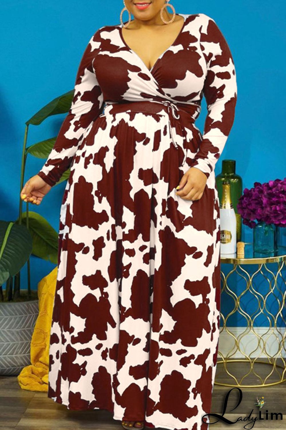 Burgundy Casual Print Bandage Patchwork V Neck Straight Plus Size Dresses