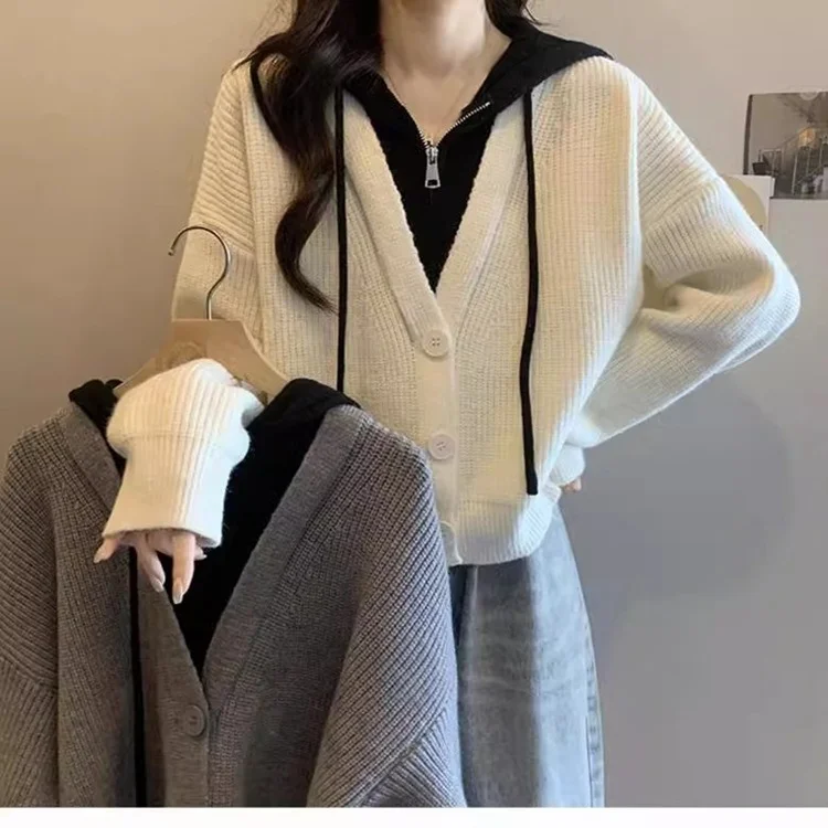 Athvotar Athvotar Fake Two Short Hooded Sweater Coat Women Autumn Fat Mm Thin Belly Knitted Shirt Topess