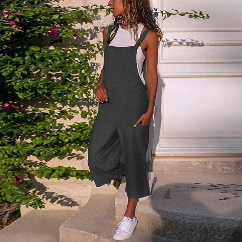 Women Summer Cotton Linen Playsuit Fashion Sleeveless Wide Leg Dungarees Solid Long Rompers Casual Comfortable Casual Jumpsuit