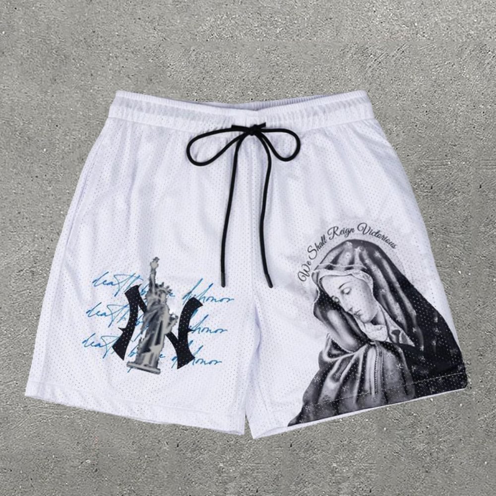 Sopula Vintage Virgin Mary Liberty Printed Mesh Shorts - Sopula｜Premium Graphic Tees & Graphic Clothing