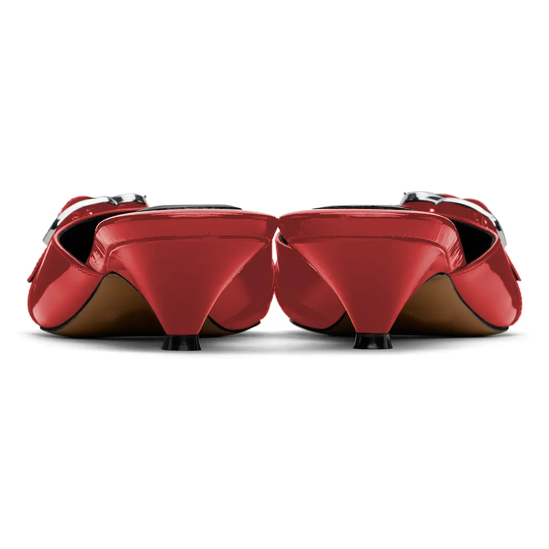 Red Patent Leather Pointed Toe Buckle Strap Decor Mules Shoes