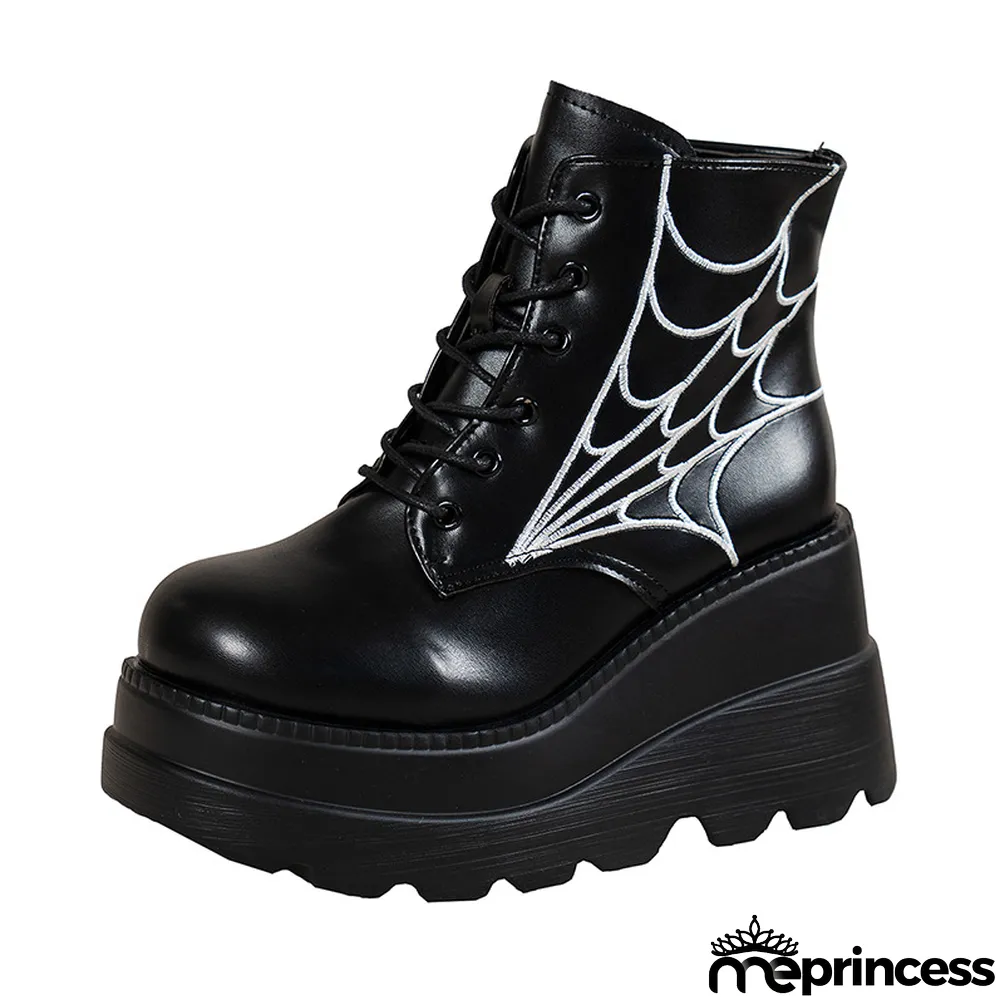 Spider Web Round Toe Lace-up Short Leather Boots