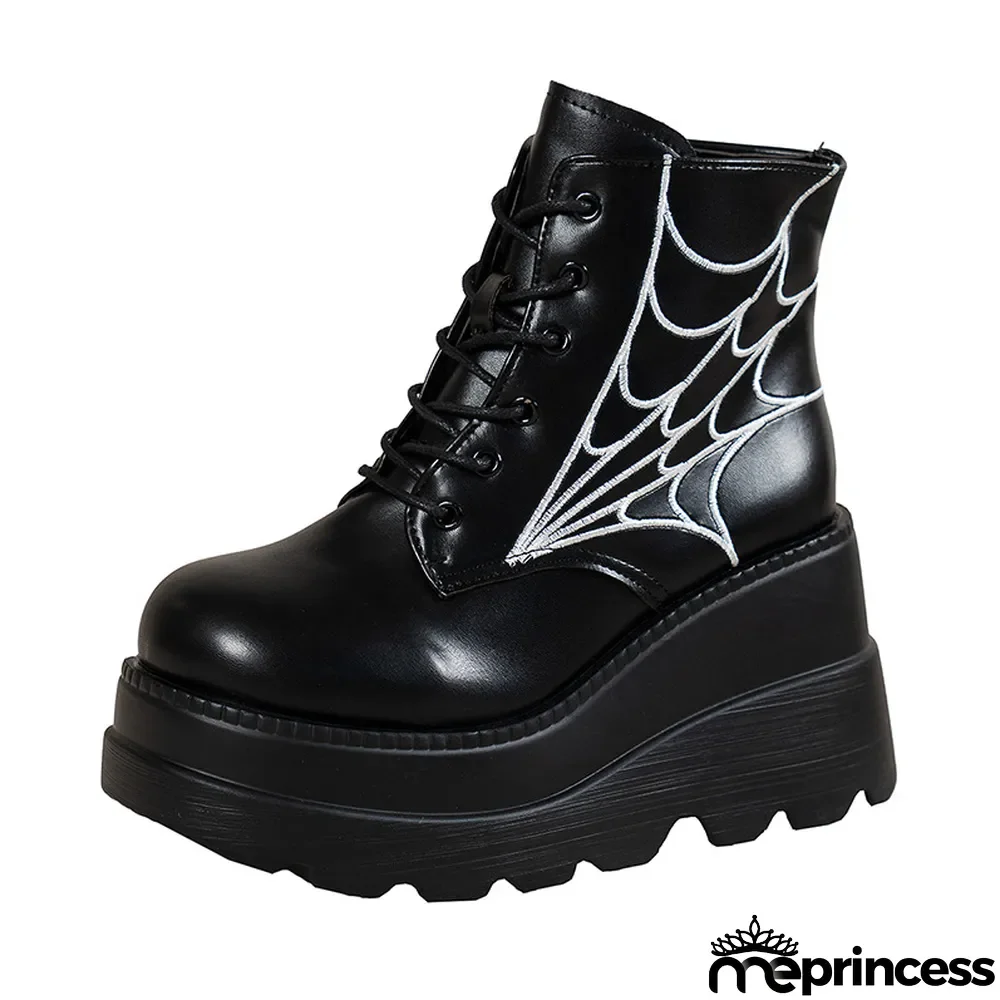 Spider Web Round Toe Lace-up Short Leather Boots