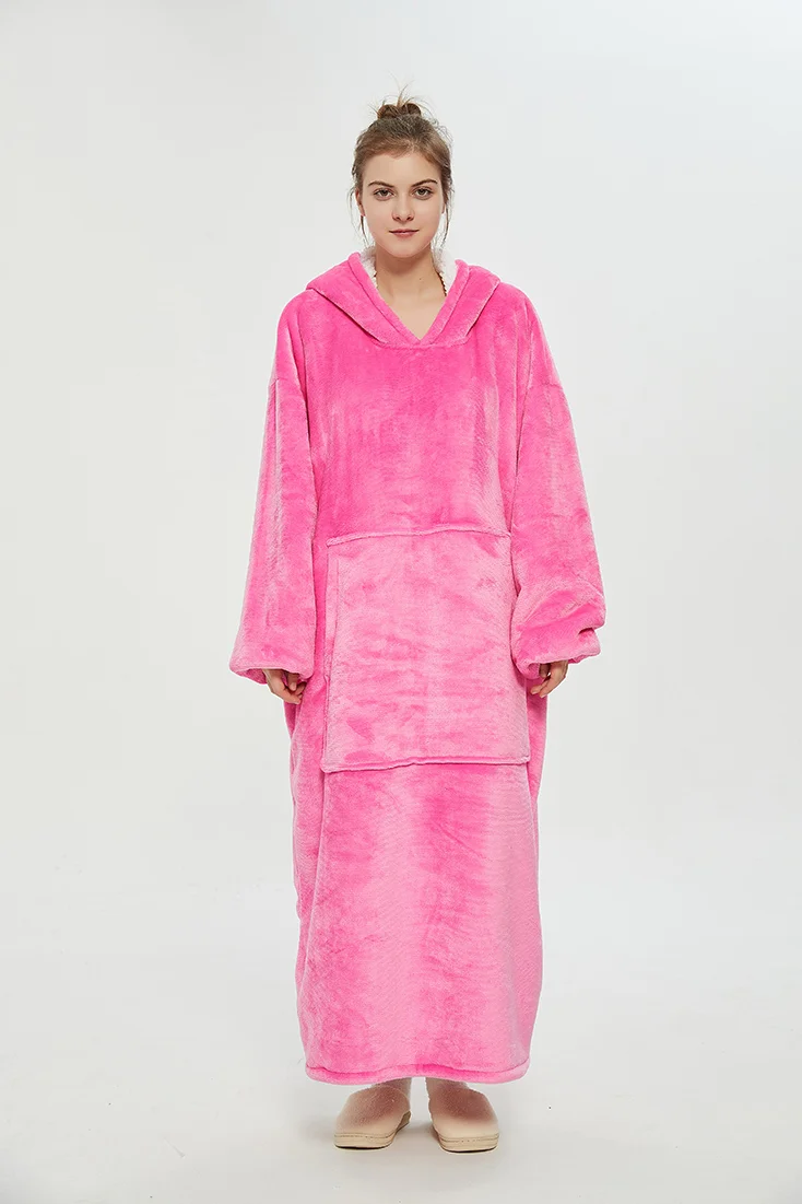 Long Winter Plush Fleece Wearable Blanket Hoodie Light Pink  Stunahome.com