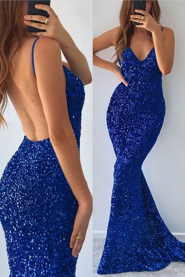 Bellasprom Royal Blue Mermaid Sequins Prom Dress Spaghetti-Straps Backless Bellasprom