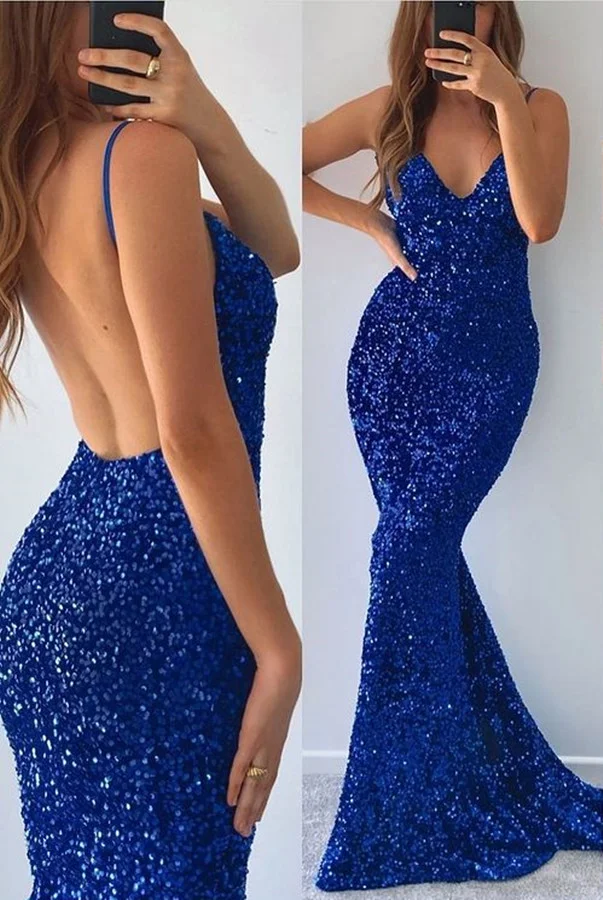 Royal Blue Spaghetti-Straps Blue V-neck Mermaid Prom Dress Split With Sequins PD0891
