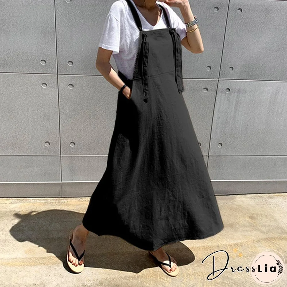 Women Summer Plus Size Strappy Maxi Sundress Loose Solid Pinafore Overalls Holiday Dress Oversized