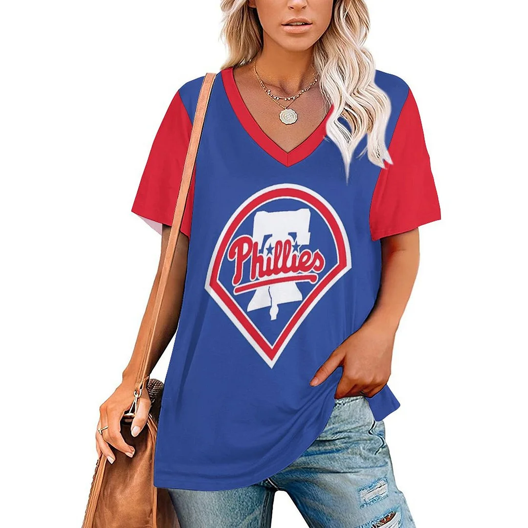 V-neck Short Sleeve Casual T-shirt for  Women Printed with Pattern Philadelphia Phillies, Blue, Red