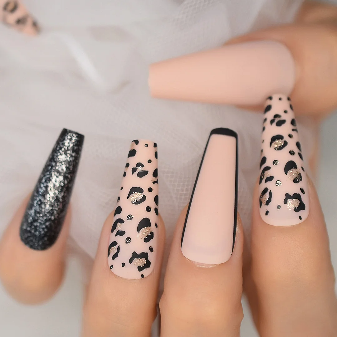 Leopard Grain With Glitter Pre Designs Coffin Extra Long Fingernails Full Cover Nail Tips Press On Nail 2021 Supplying Wholesale