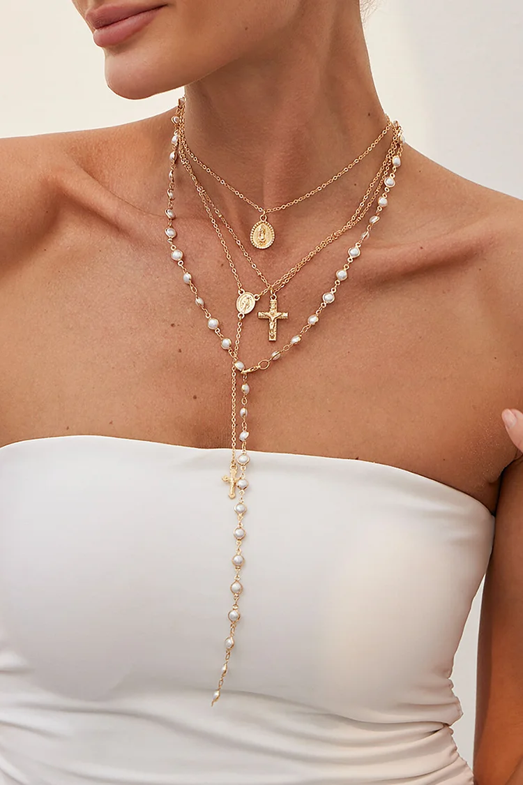 Cross Pendants Faux Pearls Fashionable Layered Necklaces