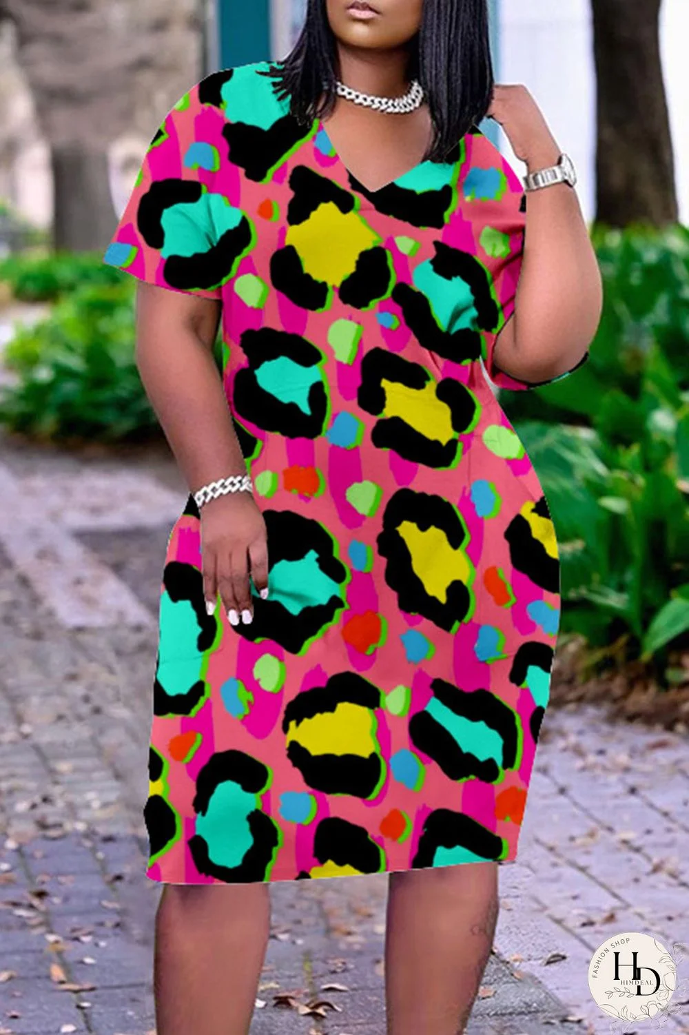Rose Red Casual Print Patchwork V Neck Printed Dress Dresses