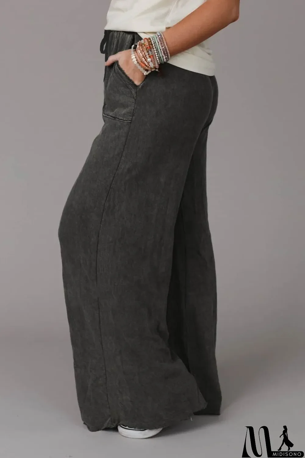 MidiSono - Gray Mineral Washed Drawstring Retro Wide Leg Pants