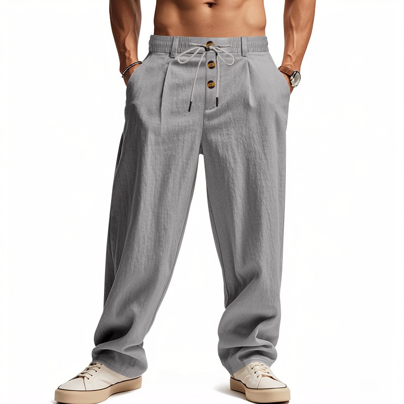 Men's Solid Color Cotton Linen Drawstring Loose-fitting Cotton Linen Trousers elevenforest
