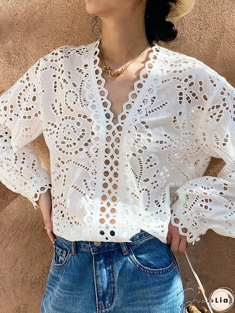 Women's Cotton Embroidered French White Shirt Long Clothing