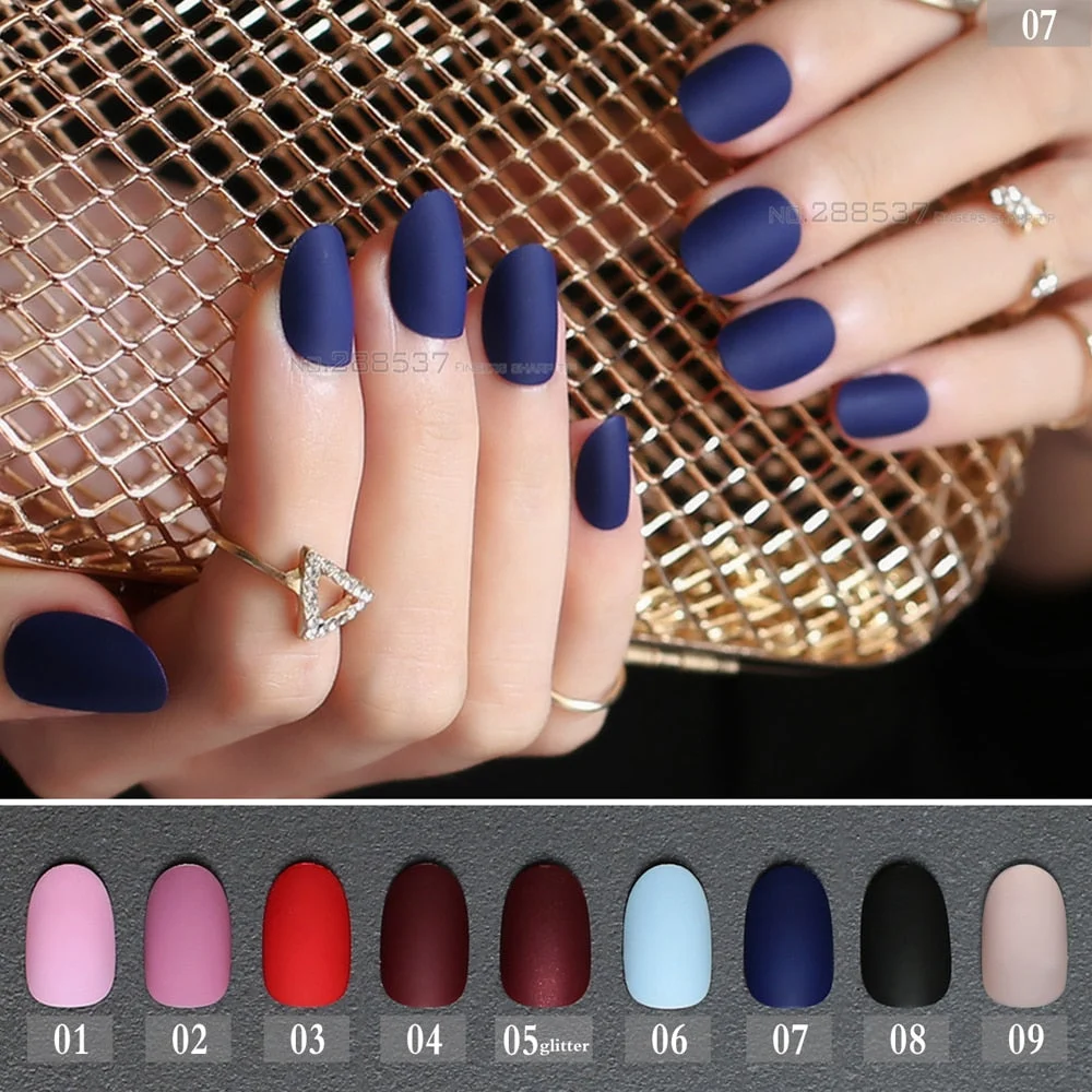 24pcs new matte false nails long round Soft Pink Nude color Red oval head Blue Frosted Fake nail Vampire Mint candy Purple Black