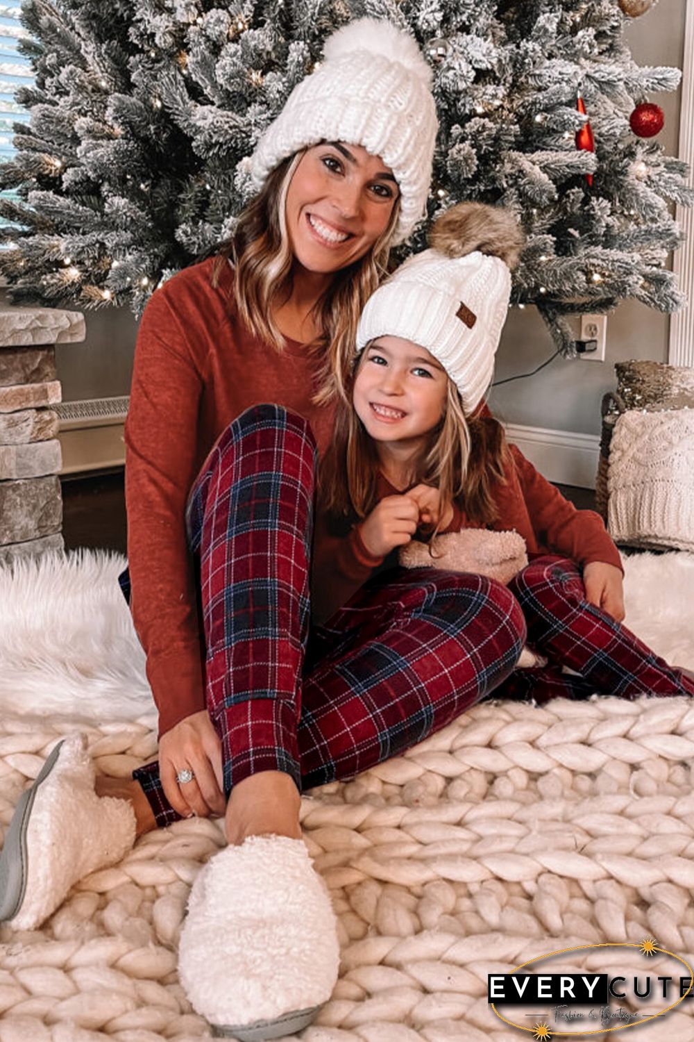 Solid Long Sleeve Top and Plaid Pants Loungewear