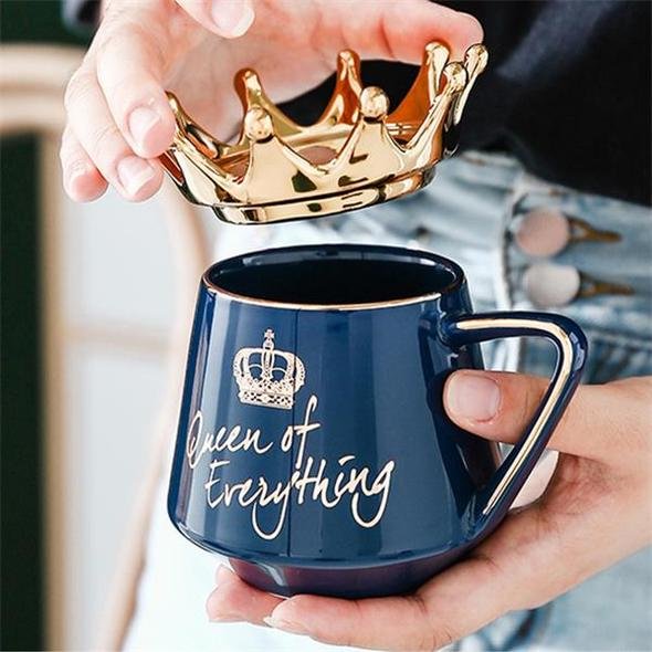 Queen of Everything Mug Set with Crown Lid and Spoon 4 Colors Gift for Her