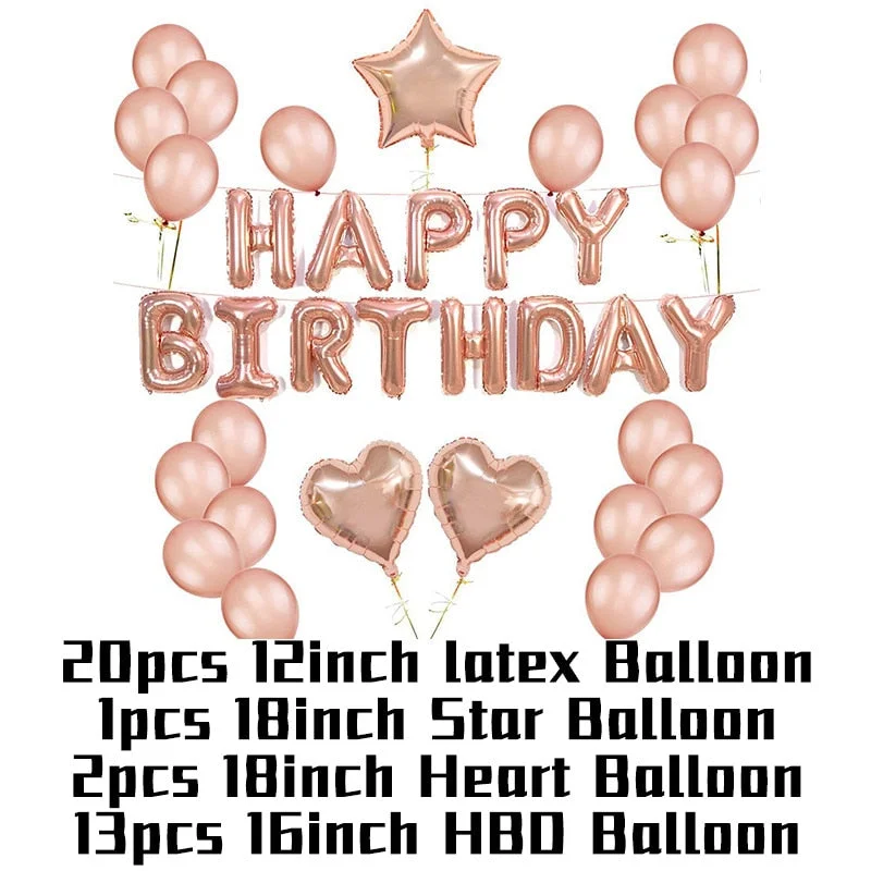 Rose Gold Birthday Party Balloons Set Happy Birthday Party Decoration Adult Foil Balloons Air Ballons Globos Supplies