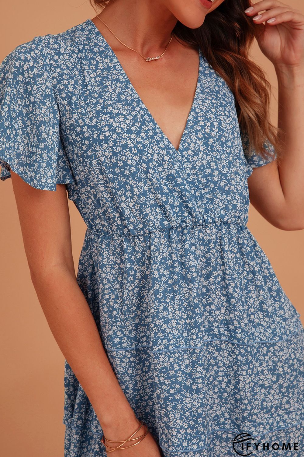 Blue Sweet V Neck Silk-Chiffon Weaving Dress | IFYHOME