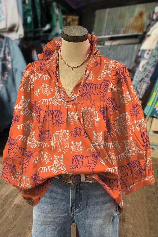 Mixed Tiger Print Ruffle V-Neck Bubble Sleeve Top