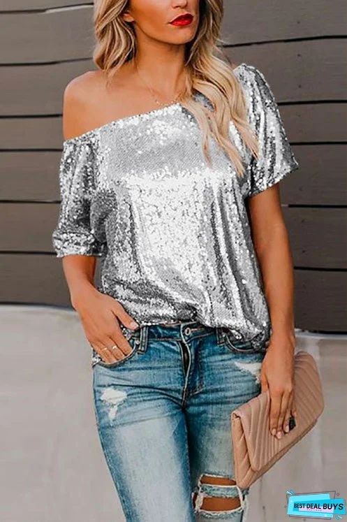 Meridress Off Shoulder Short Sleeve Sequin T-shirt