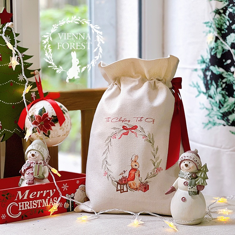 Custom Name Christmas Gift Bag Peter Rabbit's Magic Pocket Printed Jute Drawstring Gift Bag Buggy Bag