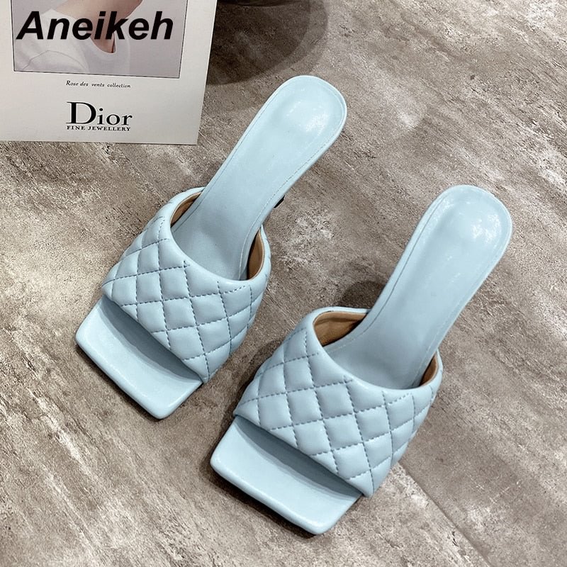 Aneikeh NEW Sexy PU Diamond Square Head Peep Toe Thin High Heels Slippers Summer Fashion Slip On Slides Women Mules Party Shoes
