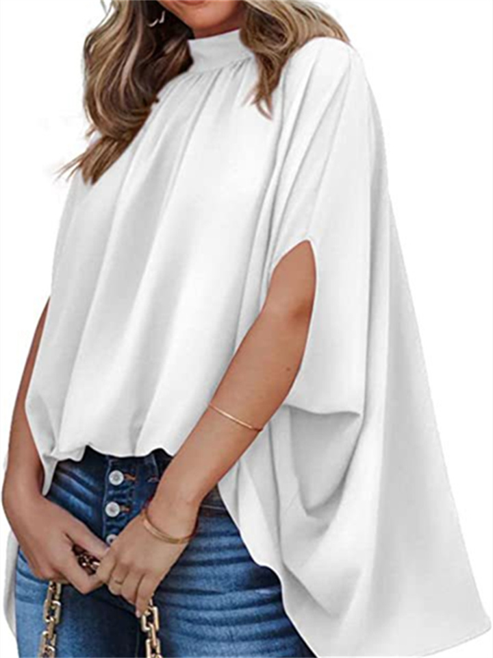 Summer Europe and The United States Scarf Collar Flared Sleeve Women's New Front Short and Long Bat Sleeve Short-sleeved Tops Female