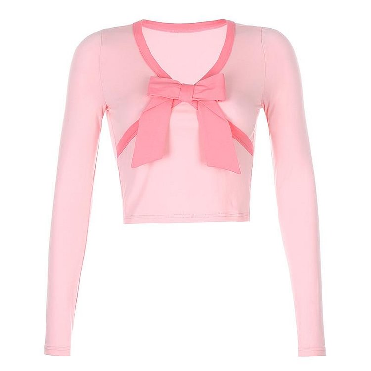 V-neck Bow Knot Pink T-shirts
