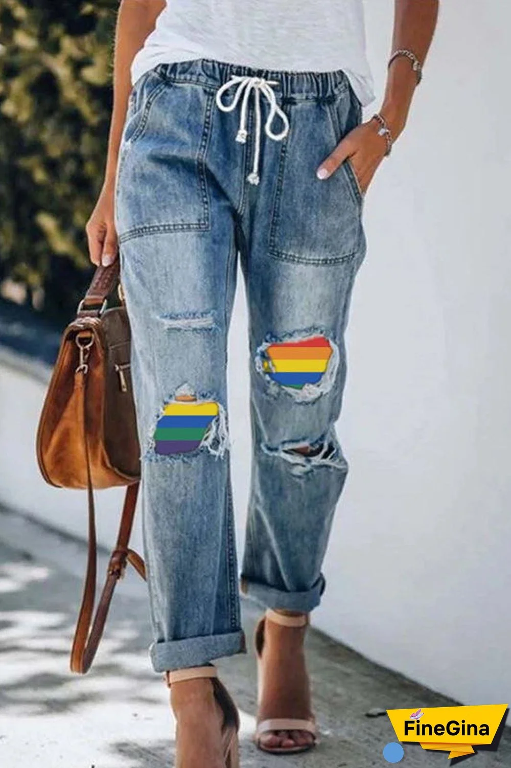 Denim Drawstring Waist Patchwork Pants