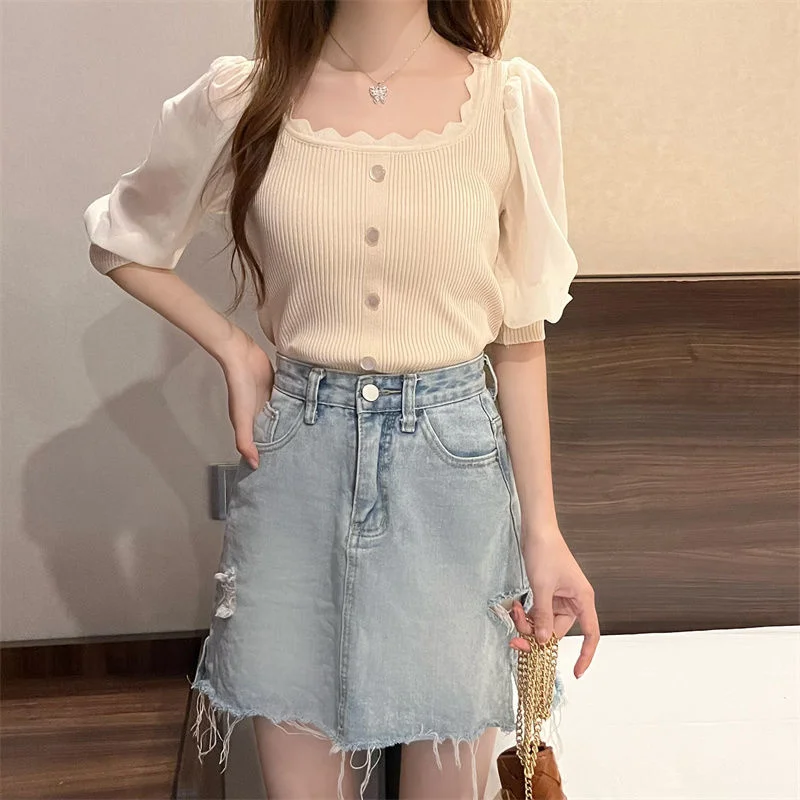 Uveng Uveng Korean Version Of The Small Fragrant Collarbone Design Shirt Short Bubble Sleeve Ice Silk Knitted Short-Sleeved T-Shirt Tide