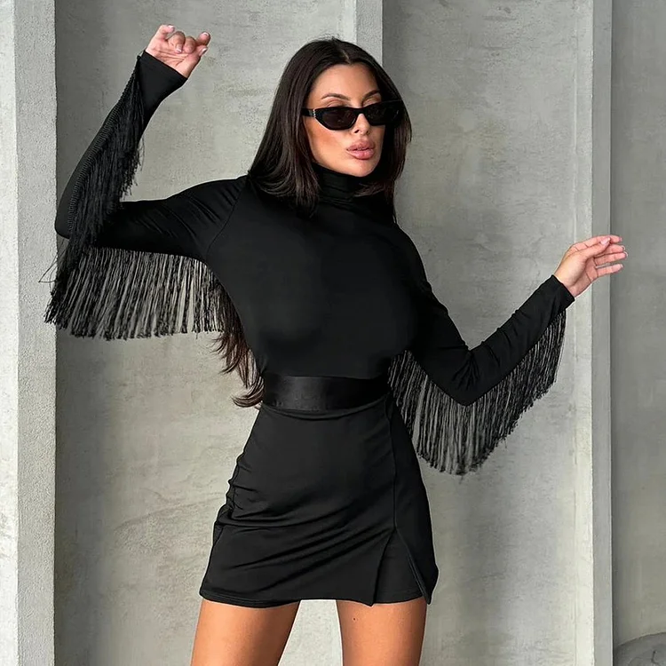 Long Sleeve Slim-fit Sheath Back With Tassel Rompers