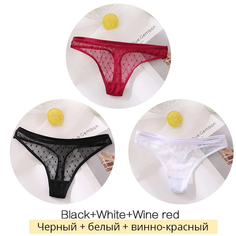 FINETOO Sexy Lace Thongs Women 3Pcs/set Transparent G-string Panties Dots Lace T-back Underwear Fashion Female Underpants M-XL