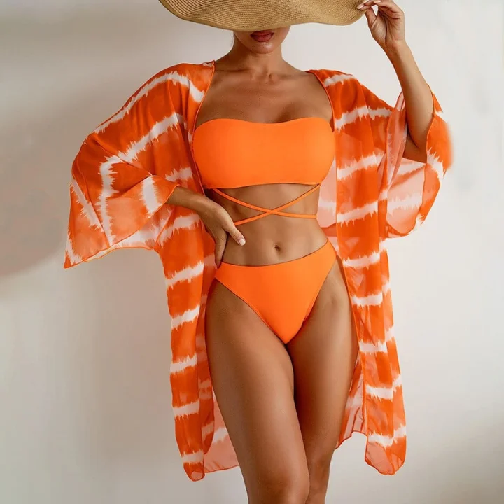 Sling Cross Straps Tie Printed Bikini Swimsuit Three-piece Set
