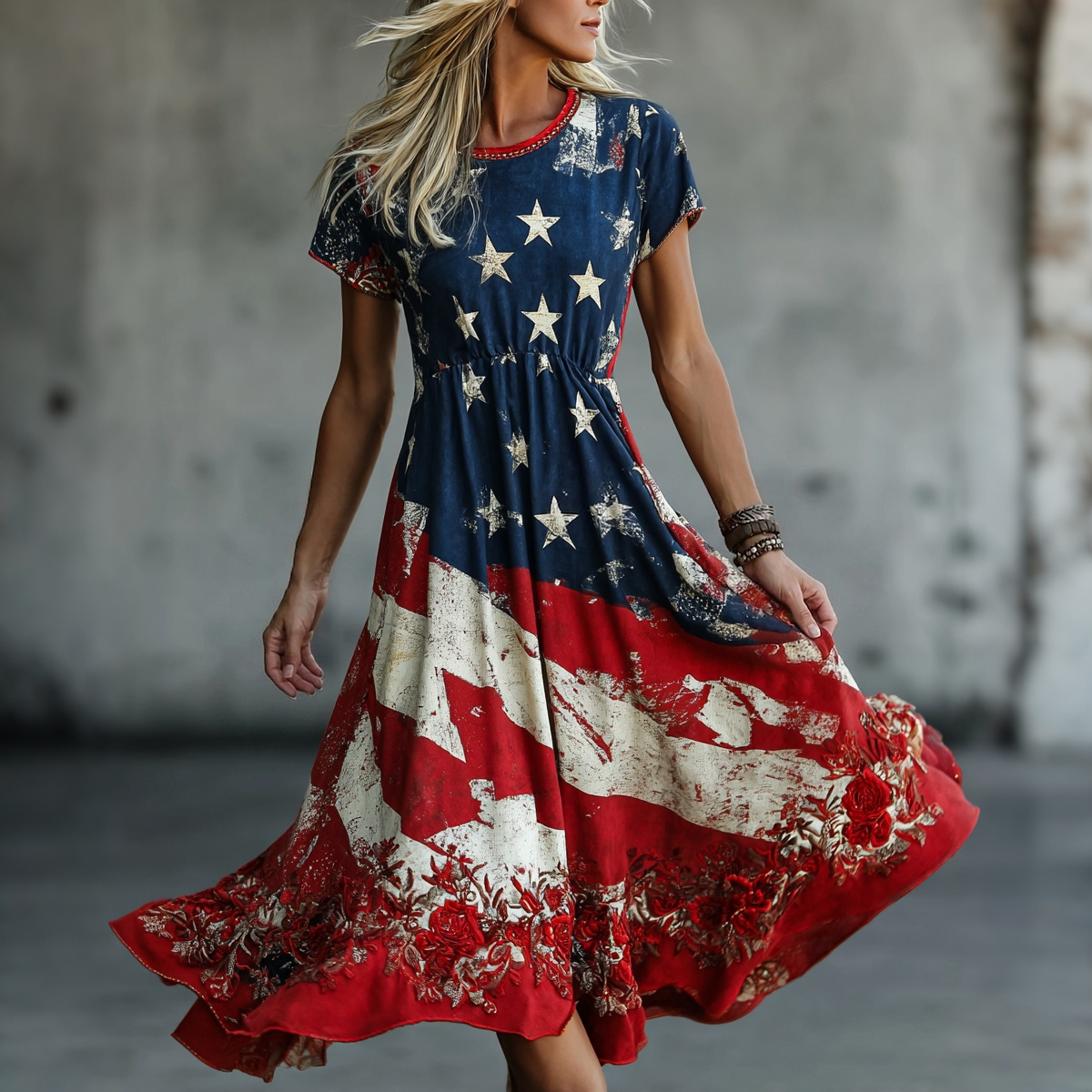 Comstylish Women's Vintage Floral Flag Art Print Dress